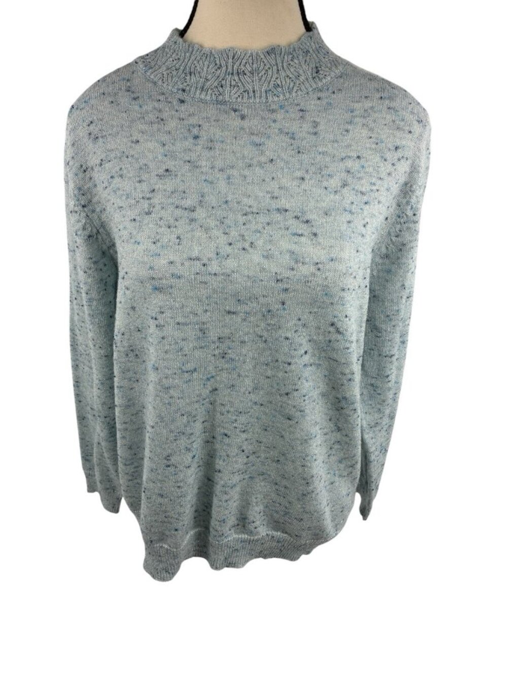 Alfred Dunner Womens Medium Blue Speckled Mock Neck Sweater Metallic Knit